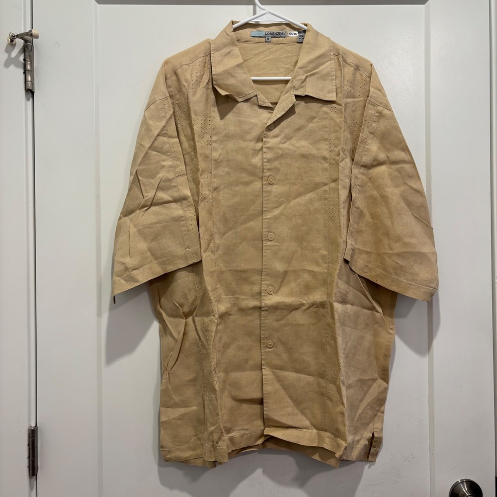 Lorenzino Mens XL Tan 100% Linen Eyelet Embroidered Short Sleeve Button Up Shirt